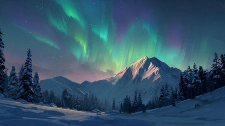 Peaceful winter night featuring flowing aurora ribbons above frozen peaks.