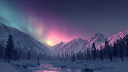 Snowy peaks glowing beneath vibrant aurora ribbons.の写真素材