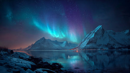 Mystical winter landscape with aurora borealis illuminating icy mountain peaks.