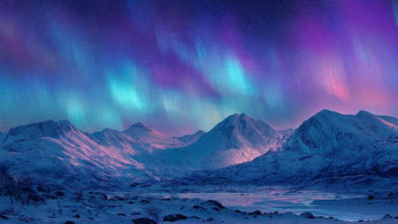 Tranquil winter night with shimmering auroras lighting the mountains.