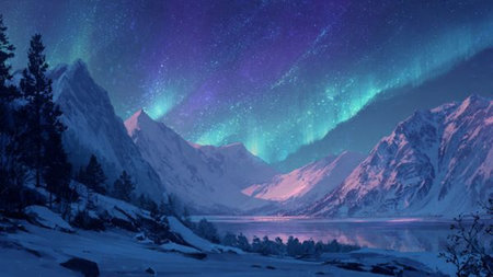 Snow-covered mountains softly illuminated by flowing northern lights.