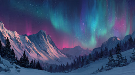 Silent winter mountains beneath a sky alive with aurora borealis.の写真素材