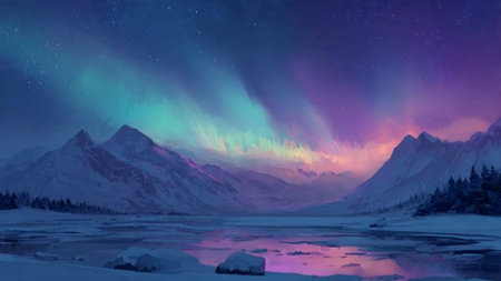 Snowy peaks reflecting the light of vibrant aurora borealis.