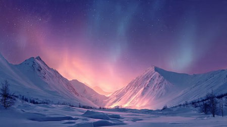 Peaceful snowy peaks glowing under colorful northern lights.