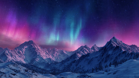 Snow-covered mountain valleys glowing beneath luminous northern lights.
