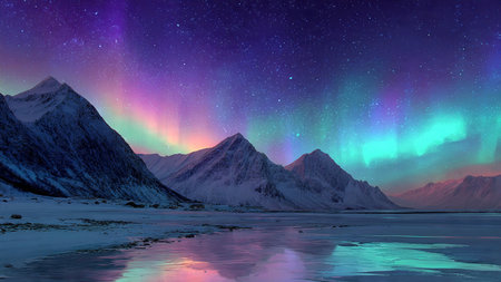 Calm arctic landscape featuring colorful auroras above icy peaks.
