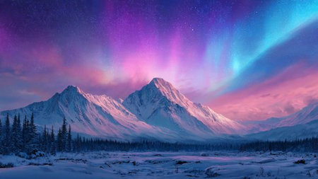 Arctic winter panorama with radiant auroras and snow-covered ridges.