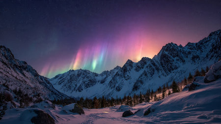 Quiet snowy mountains under a sky alive with aurora borealis.の写真素材