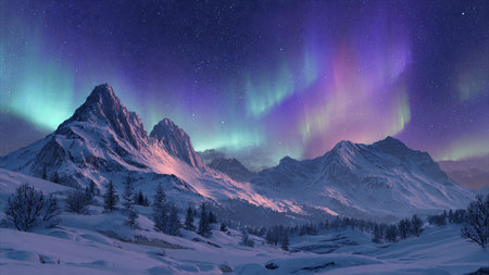 Peaceful snowy landscape highlighted by shimmering aurora lights.