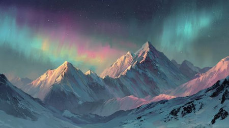 Silent arctic night scene illuminated by colorful aurora lights.の写真素材