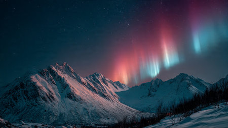 Silent winter wilderness illuminated by soft and radiant aurora light.