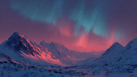 Snowy alpine peaks glowing under luminous aurora borealis at night.