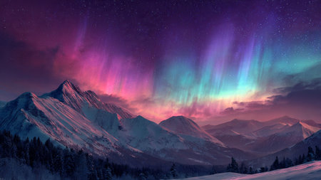 Peaceful snowy peaks glowing under colorful northern lights.