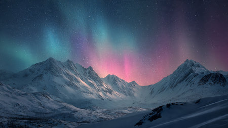 Snow-covered mountain range glowing beneath vivid northern lights.