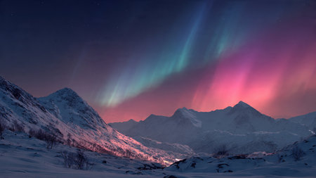 Aurora borealis, northern lights over the snowy mountains.