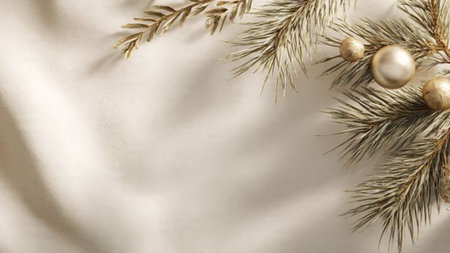 Clean holiday background with muted ivory hues, subtle pine accents, and refined metallic ornaments creating a calm premium atmosphere.の写真素材