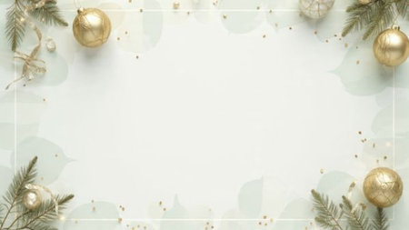 Luxury holiday background combining soft beige and ivory shades, pine greenery accents, and refined gold decor with a calm, airy aesthetic.の写真素材