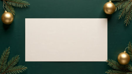 Minimalist Christmas backdrop featuring soft neutral tones, delicate pine branches in the corners, and a spacious center illuminated by gentle natural light.の写真素材