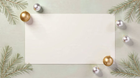 Minimalist holiday scene in sage green with refined pine branches and soft champagne gold decor.