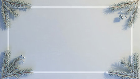Modern Christmas background with pastel blush tones, pine greenery, and rose-gold ornaments,...