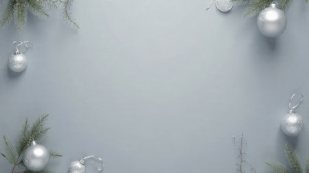 High-resolution Christmas background featuring dusty blue shades, silver decor, and balanced...
