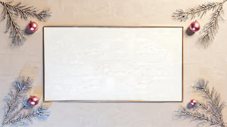Minimalist Christmas composition with warm blush hues, clean ivory space, and tasteful rose-gold...