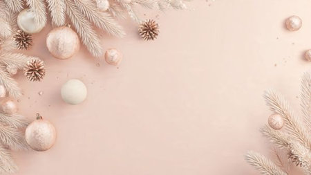 Refined holiday background featuring neutral beige colors, pine branches in the corners, and soft golden highlights with a spacious center.の写真素材