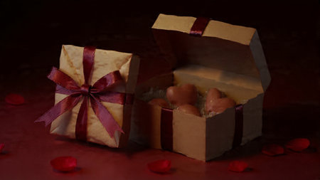 Romantic chocolate gift box with pink ribbon accents and gentle bright lighting.