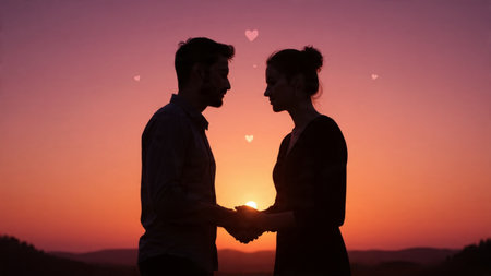 Love-themed sunset background with floating hearts.の写真素材