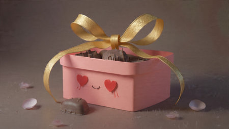 Romantic chocolate gift box with pink ribbon accents and gentle bright lighting.