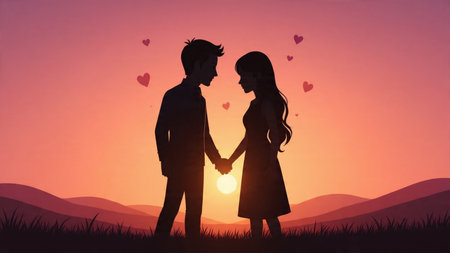 Elegant love background with silhouettes against glowing clouds.