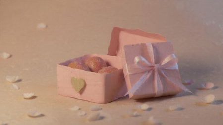 Sweet gift box composition emphasizing heart-shaped chocolates and softness.