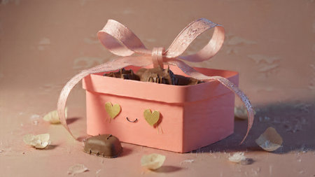 Sweet romantic packaging scene with heart-shaped chocolates.