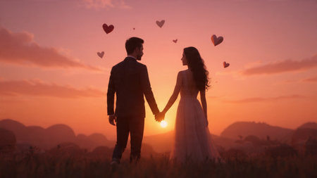 Romantic couple scene with soft dreamy lighting and floating hearts.の写真素材