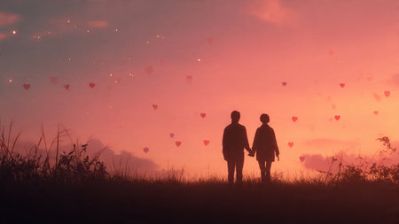 Soft emotional scene of a couple holding hands at sunset.
