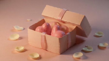 Cozy romantic packaging scene with heart-shaped chocolates.