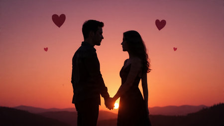 Cinematic love background with warm pink and orange sunset tones and subtle floating heart shapes.の写真素材