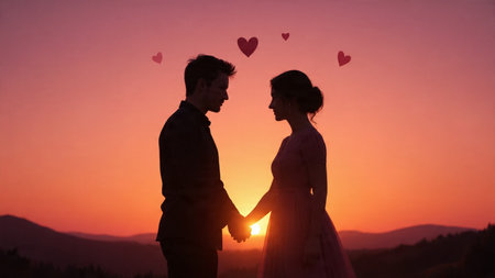 Elegant romantic design featuring a couple under a glowing horizon.