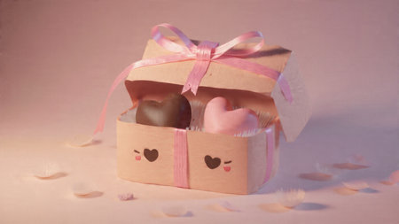 Romantic still life of a gift box filled with heart-shaped chocolates.