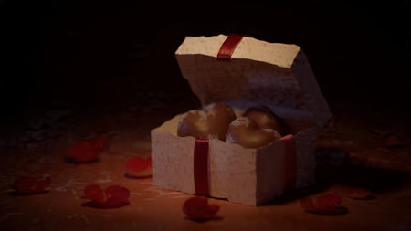 Cozy romantic scene featuring a heart chocolate gift box and delicate ribbon.