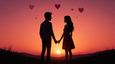 Timeless love scene featuring silhouettes at sunset.