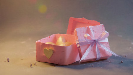 Cozy romantic arrangement of a chocolate gift box with rose petals.