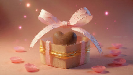 Elegant romantic gift box with heart chocolates and soft glow lighting.