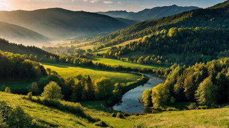 Sunset over the mountain river in the Carpathians, Ukraineの写真素材