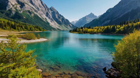 Panoramic view of turquoise mountain lake in the mountains