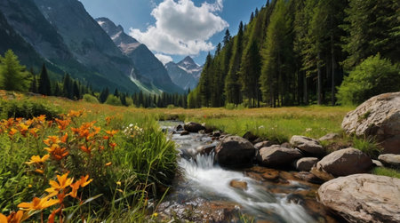 Mountain landscape with a mountain river and flowers in the foreground.の写真素材