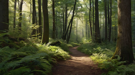 Beautiful green forest in the morning. Panoramic image.