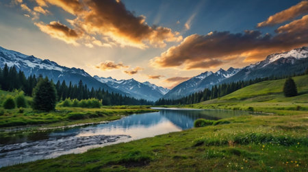 Mountain lake at sunset in the Altai mountains, Russia.