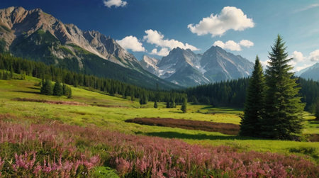 panoramic view of alpine meadow and mountains on background