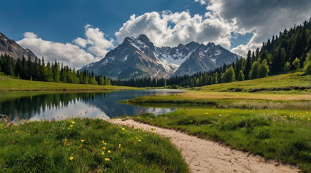 Mountain lake in Dolomites, Italy. Panoramic viewの写真素材